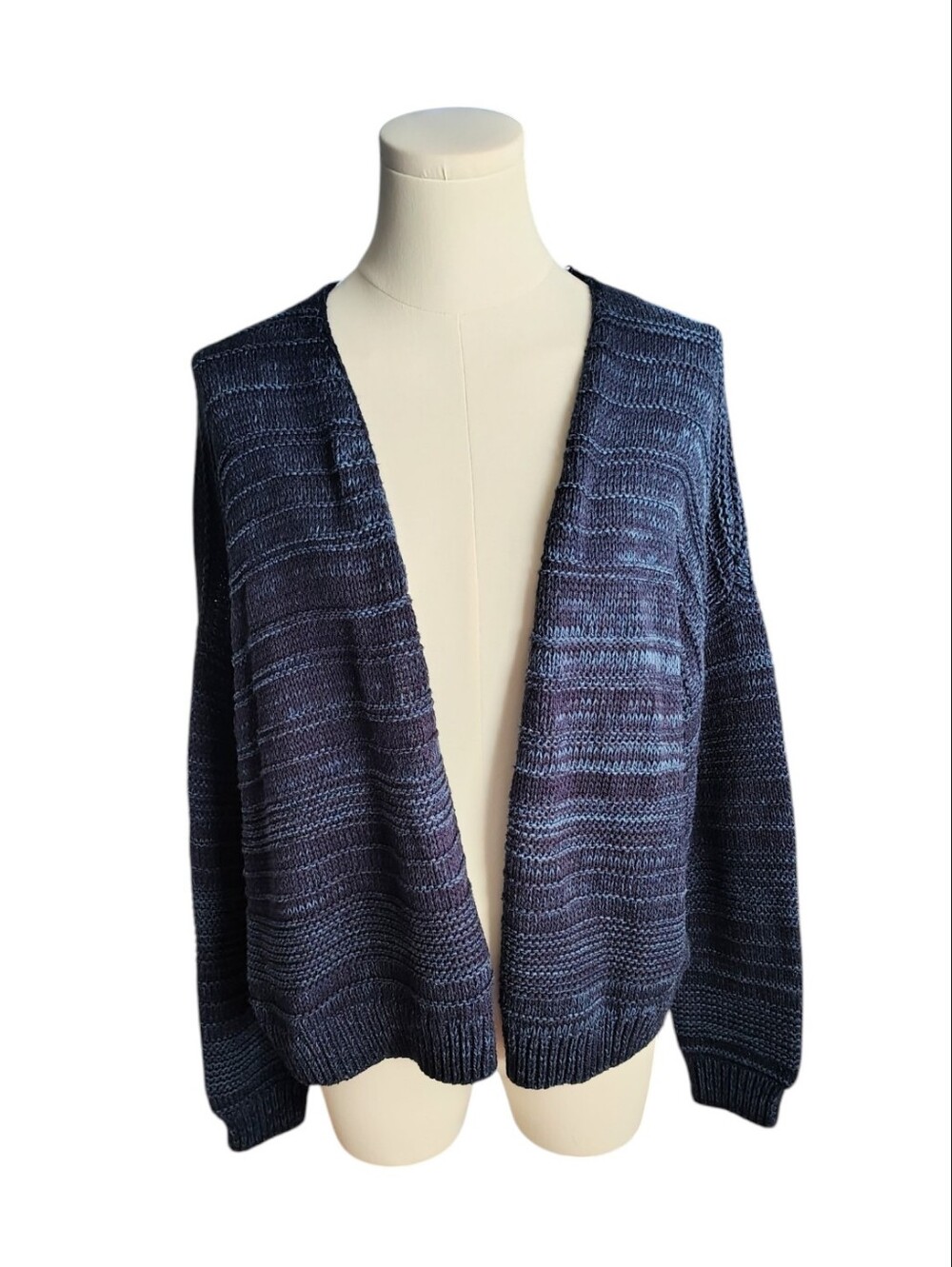 Universal Thread Navy Blue Knit Striped Marled Open Front Sweater Size Large